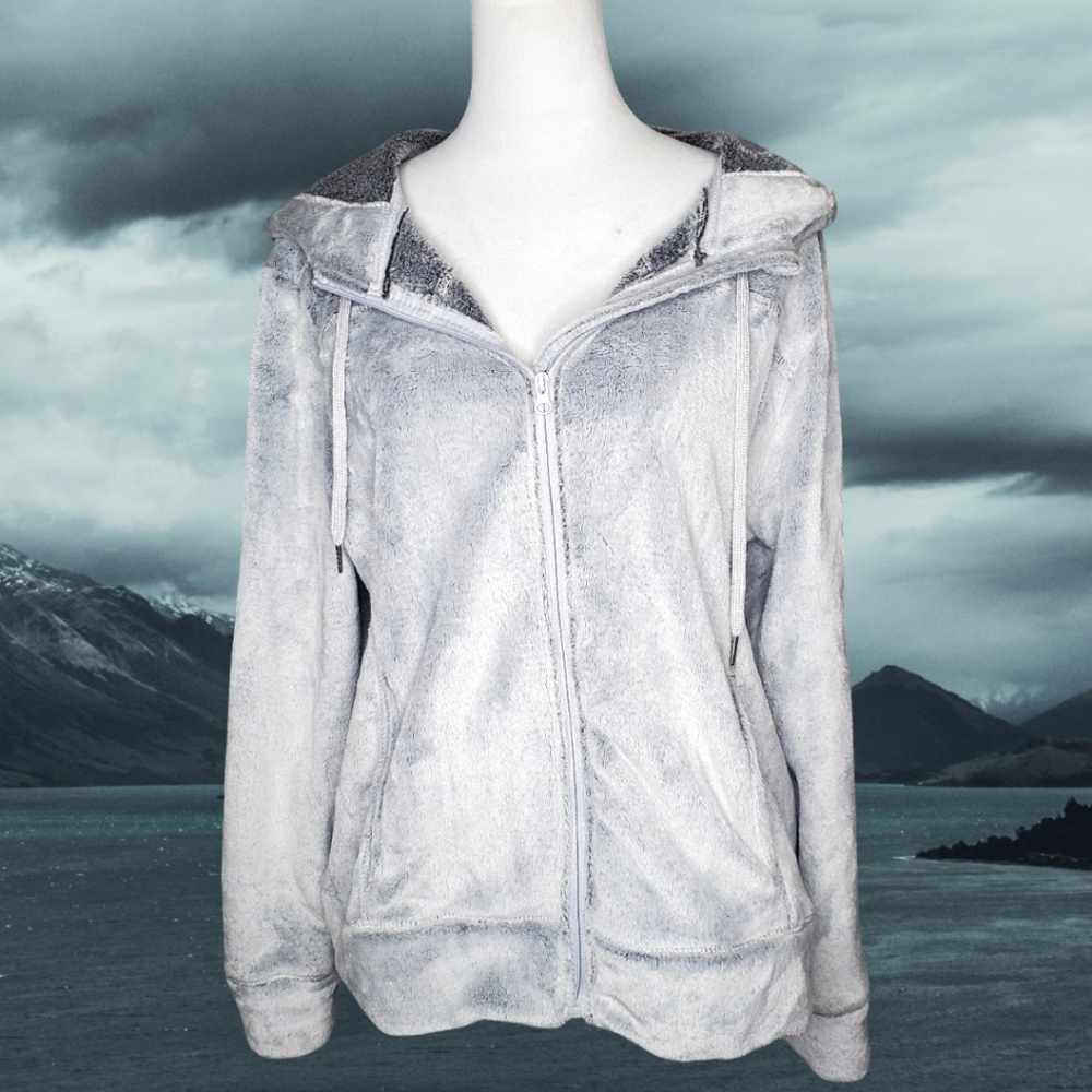 Adrienne Vittadini Sport Silver Gray Super Plush Full Zip Hooded Jacket